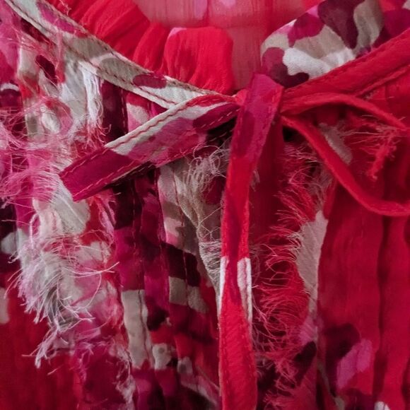 Express Womens sz M Boho Fuschia/Red/Pink Floral Sheer Top w/Ruffles Blouson - Picture 2 of 13